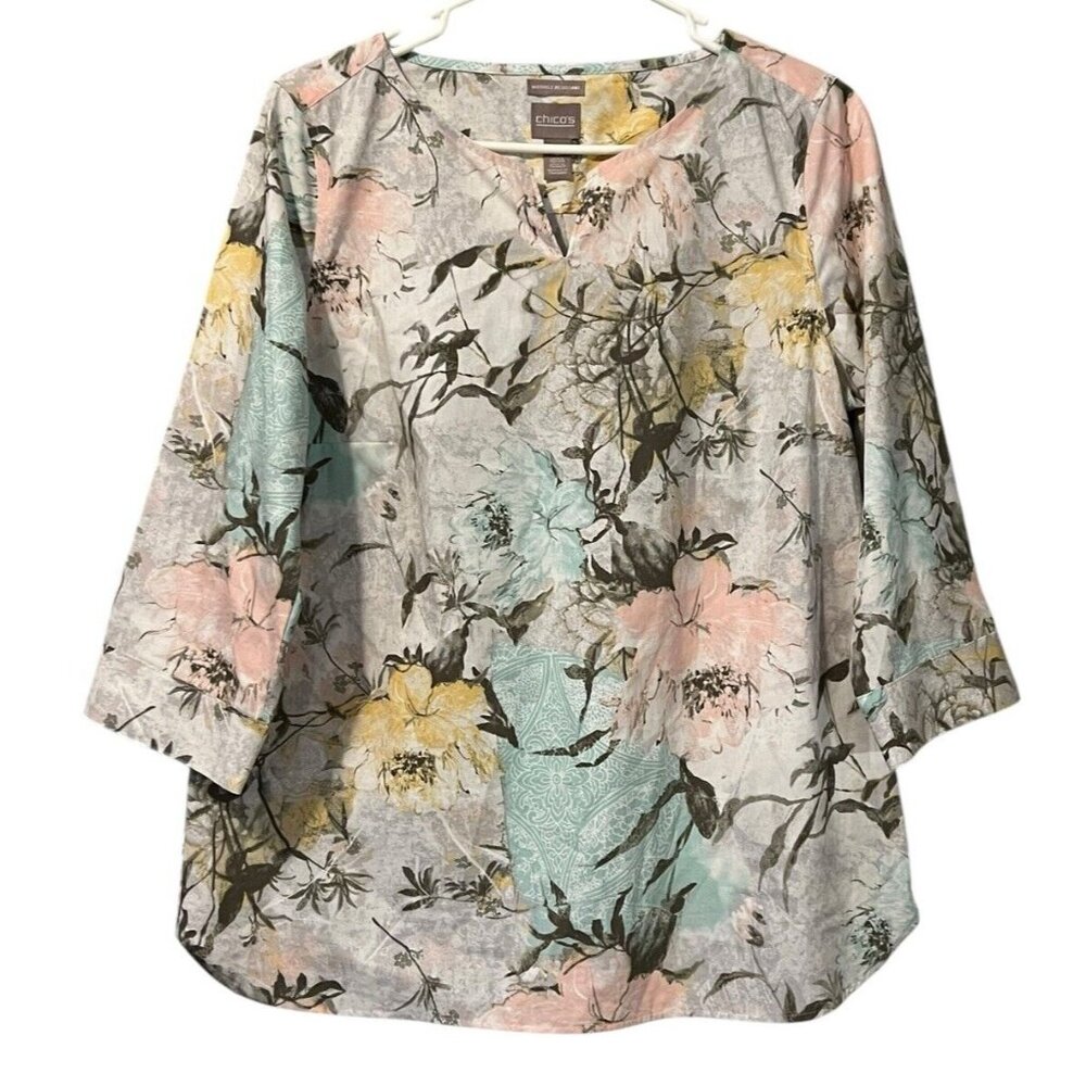Chico's Women 0 Pastel Floral‎ Wrinkle Resist VNeck 3/4 Sleeve Cotton Tunic Top